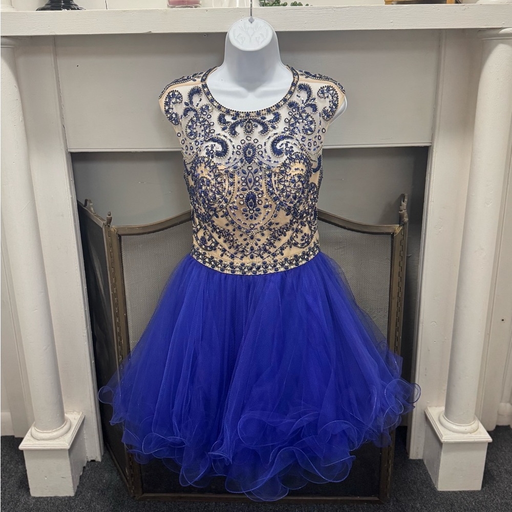 Sherri Hill Elegant Blue and tan with gems and rhinestones
